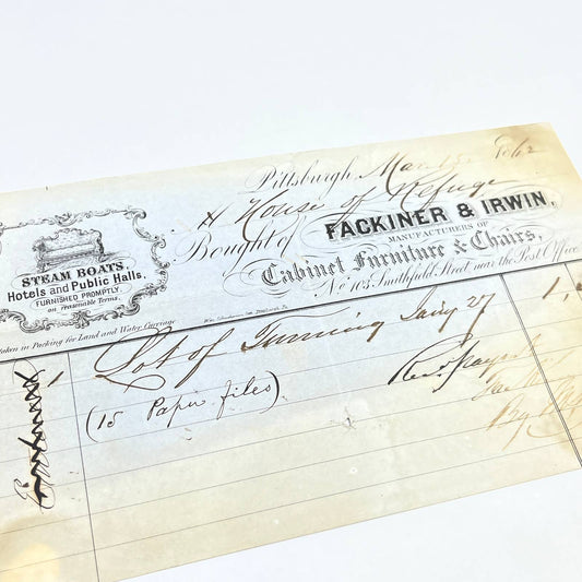 1862 Civil War Era Letterhead Fackiner & Irwin Furniture Pittsburgh PA AC2