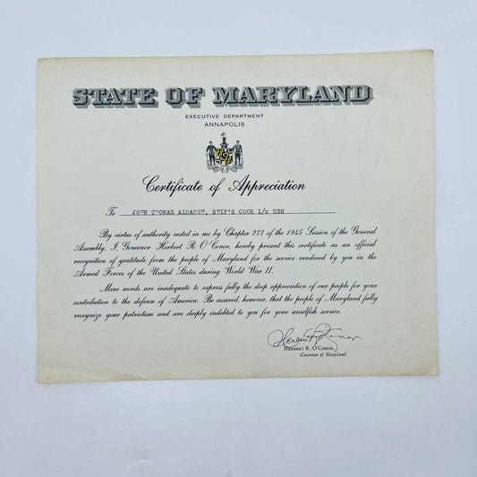 1945 WWII Maryland Certificate of Appreciation John Thomas Albaugh USN D1