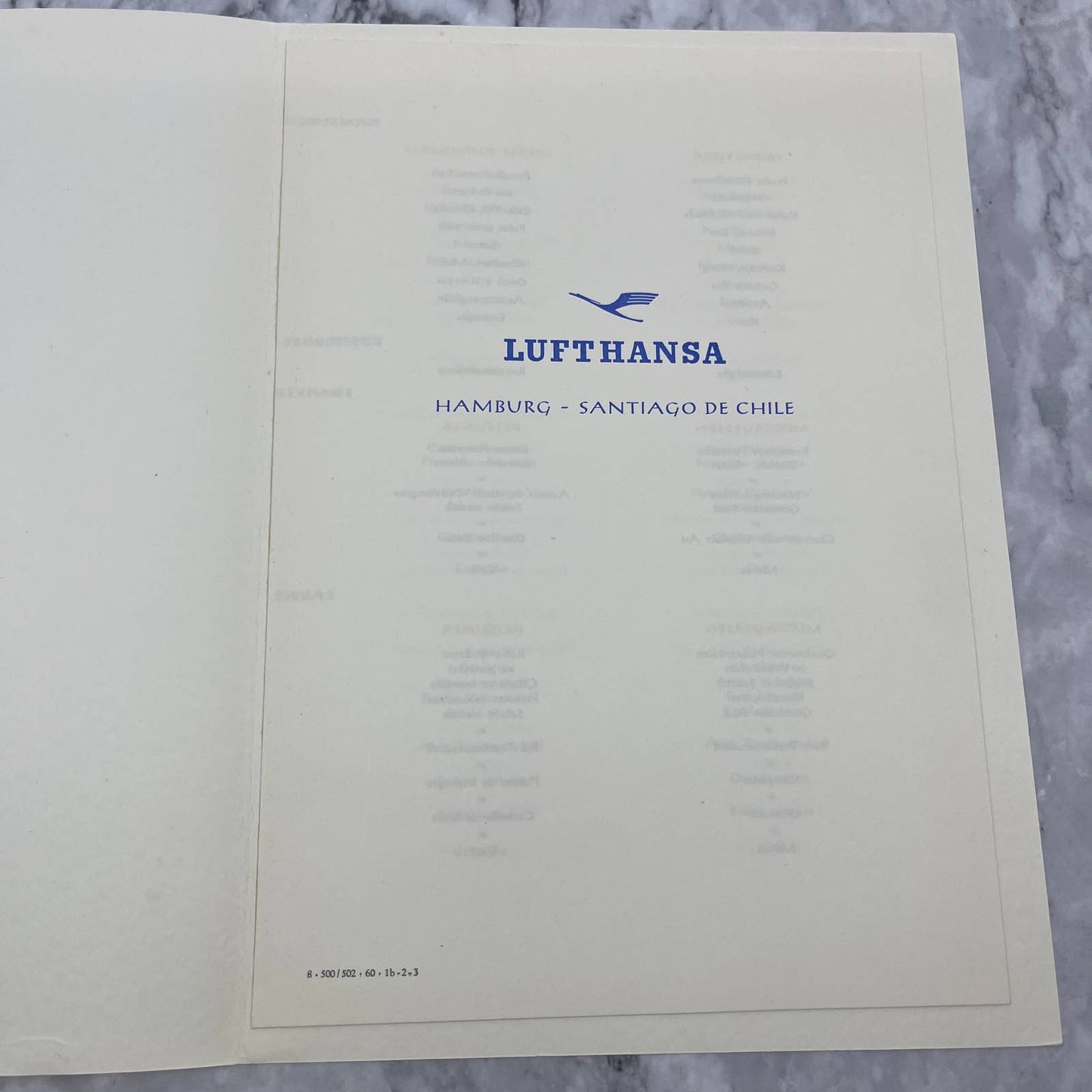 Original c1960 Lufthansa Airline MENU Hamburg - Santiago Chile TD8