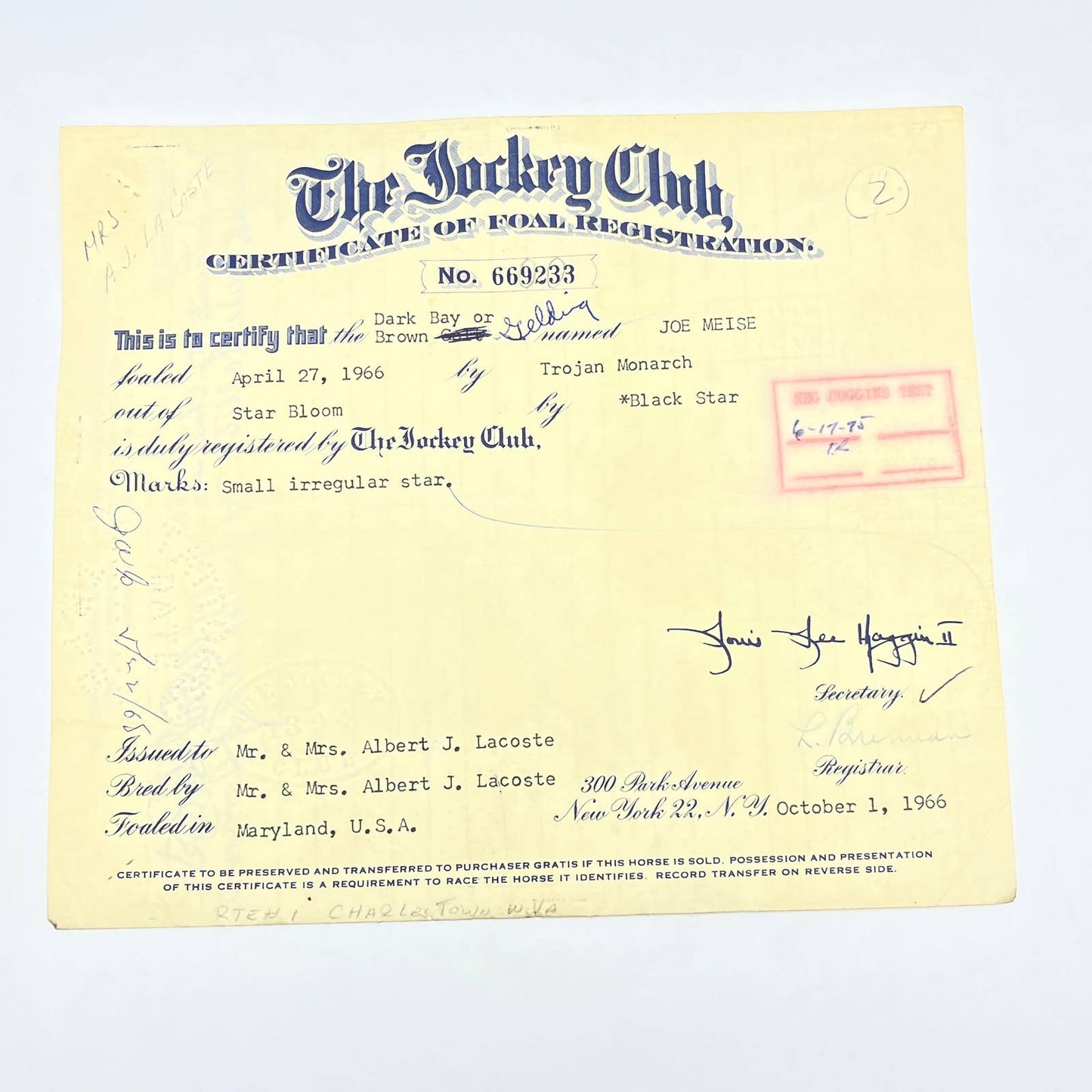 1966 The Jockey Club Certificate of Foal Registration Race Horse Joe Meise AC5