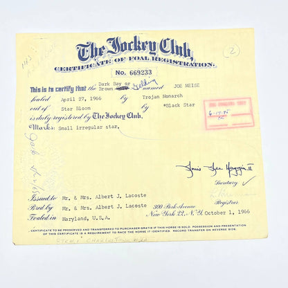 1966 The Jockey Club Certificate of Foal Registration Race Horse Joe Meise AC5