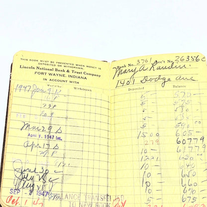 1930s Bank Deposit Book Lincoln National Bank & Trust Co FORT WAYNE, INDIANA SD6