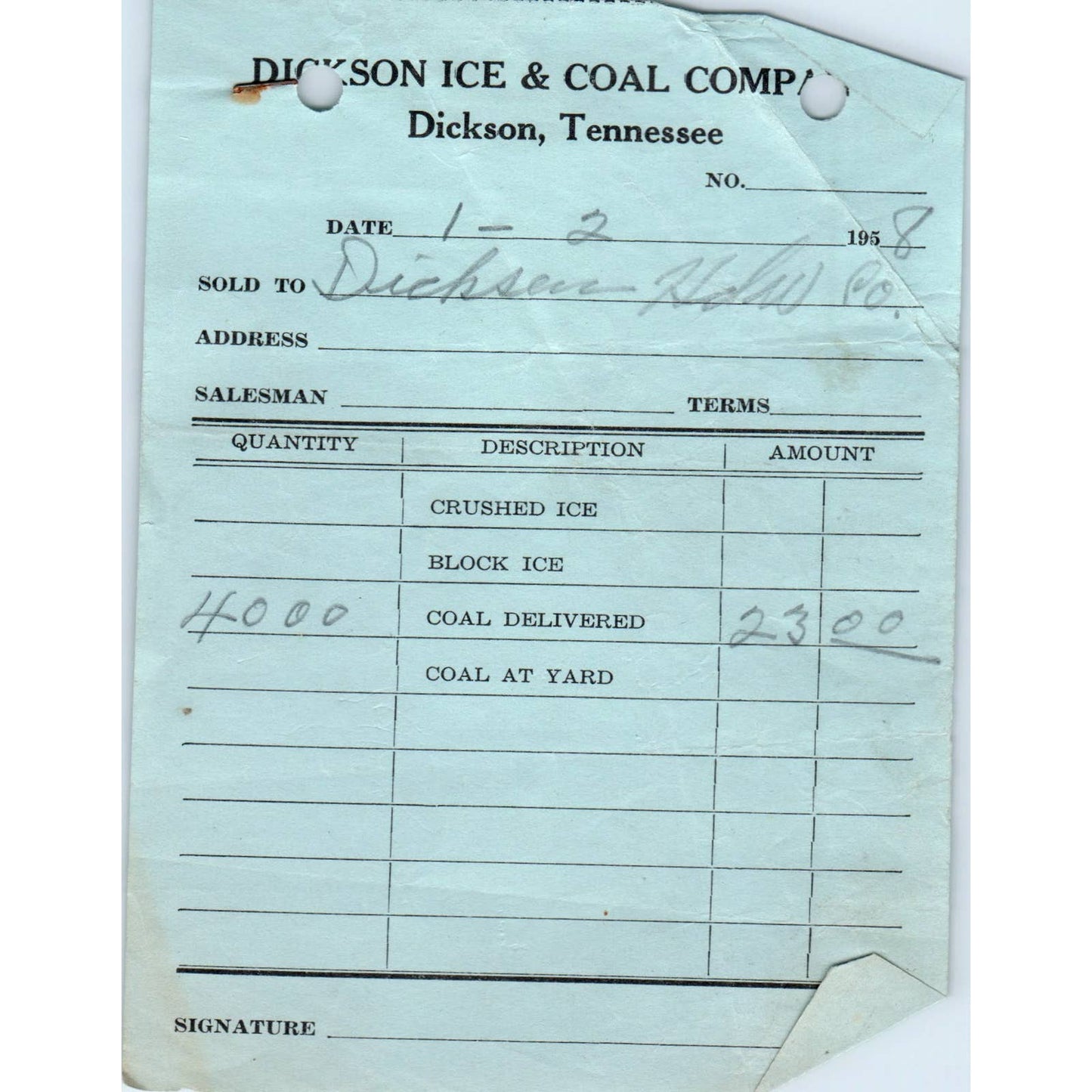 1958 Dickson Ice and Coal Company Billhead Dickson TN AD5