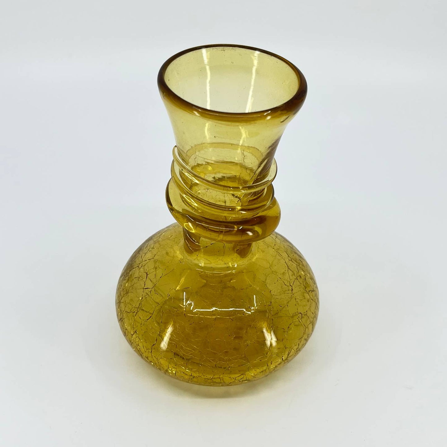 Vintage Blenko Crackle Golden Honey Amber Art Glass Vase 5.5” TE3