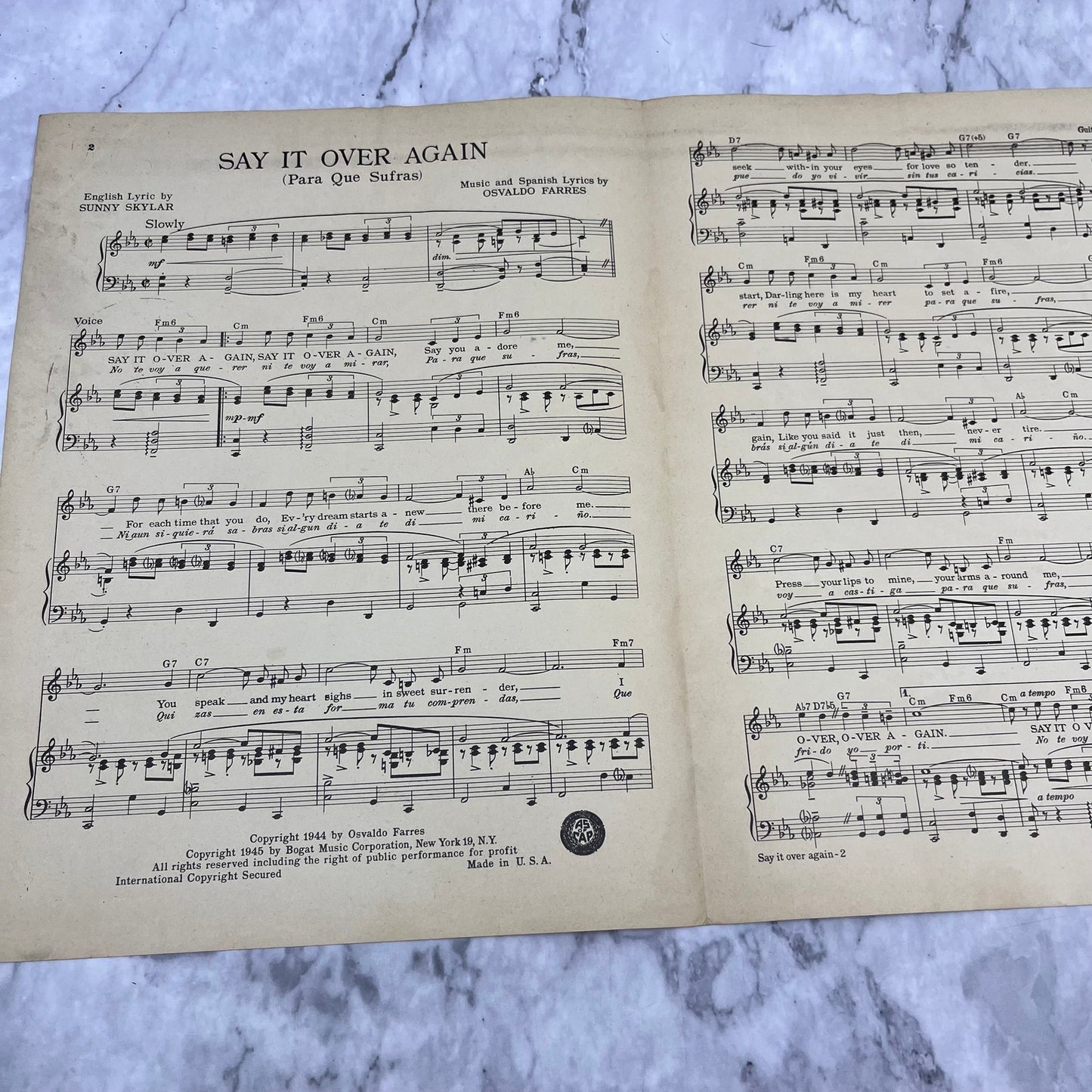 Say It Over Again (Para Que Surfas) (1945) Xavier Cugat Vintage Sheet Music V39-4