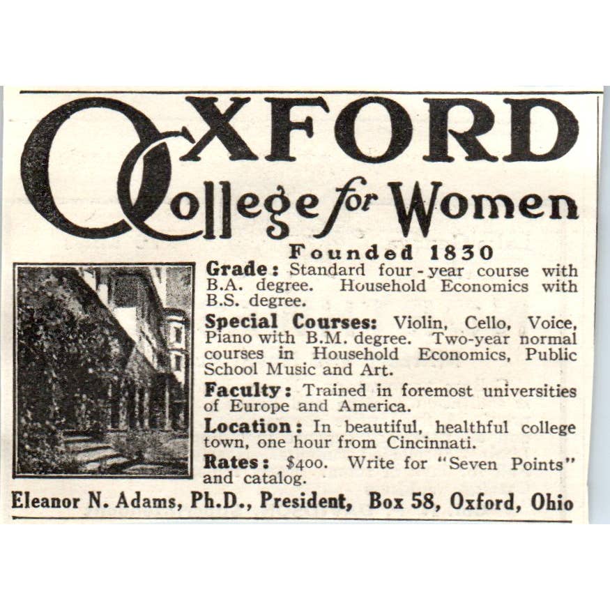 c1920 Harper's Ad - Oxford College for Women Eleanor N. Adams Oxford OH EA3-1