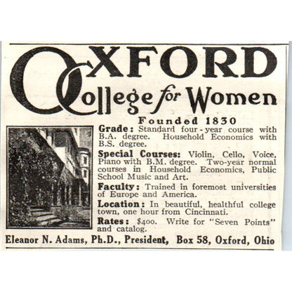 c1920 Harper's Ad - Oxford College for Women Eleanor N. Adams Oxford OH EA3-1
