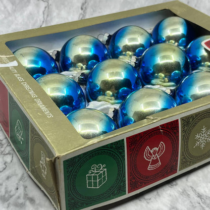 Shiny Brite 12 Vtg 2 5/8" Mercury Glass Ornaments Original Box Blue Ombre TJ9