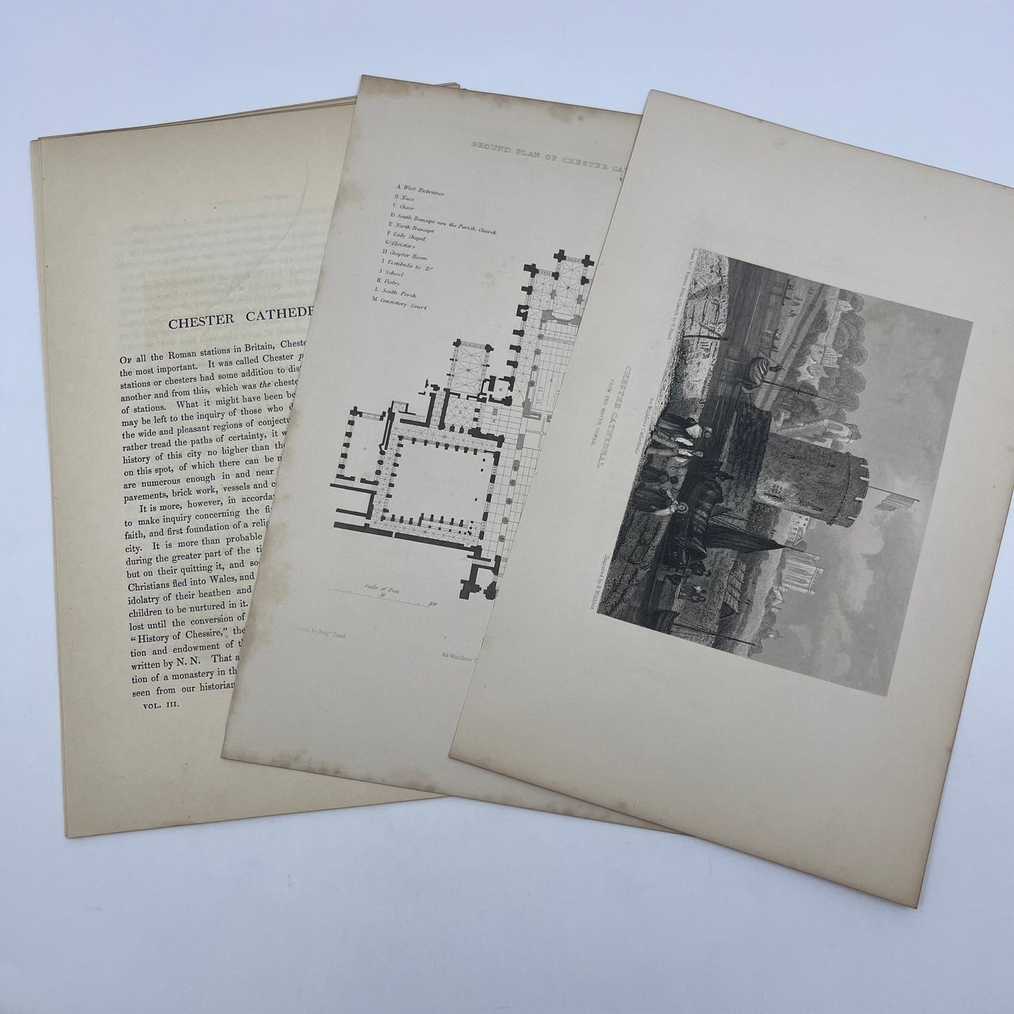 1842 Original Art Engraving Chester Cathedral, Floor Plan and Bio L4-2