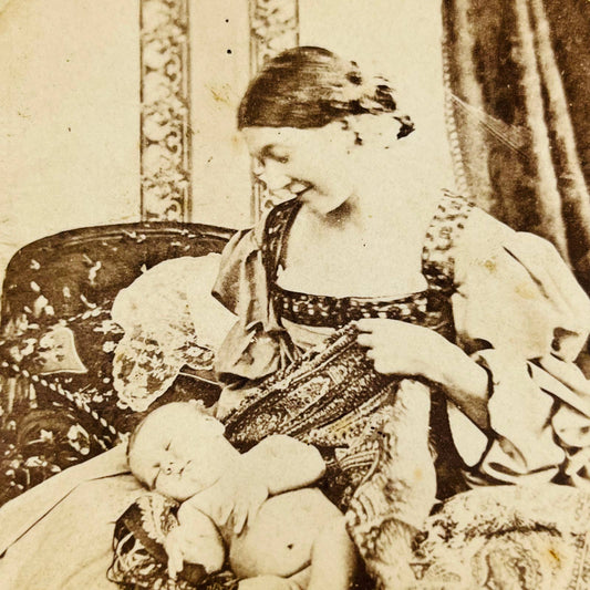 1870s Stereoview Card Victorian Mother Holding Dressing Sleeping Baby Infant