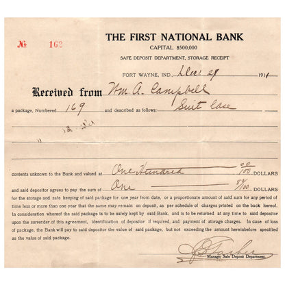 1911 First National Bank of Fort Wayne IN Safety Deposit Storage Receipt AD8