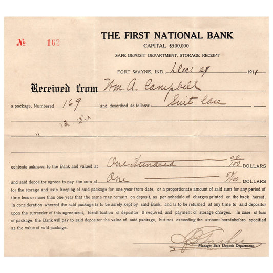 1911 First National Bank of Fort Wayne IN Safety Deposit Storage Receipt AD8