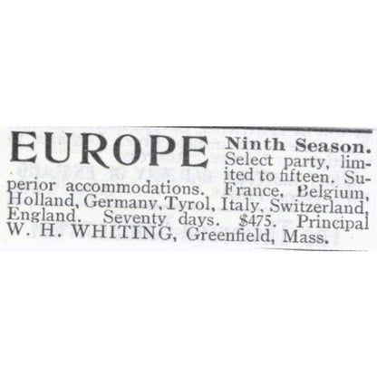 Europe Travel Tours W.H. Whiting Greenfield Massachusetts - 1903 Ad TJ7-S9