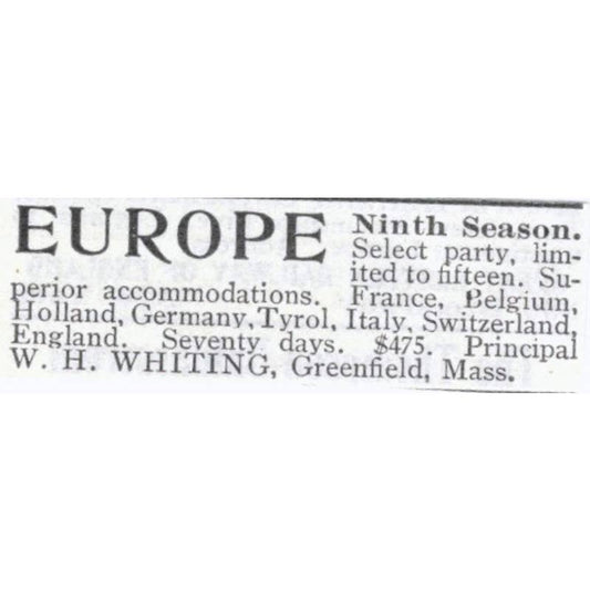 Europe Travel Tours W.H. Whiting Greenfield Massachusetts - 1903 Ad TJ7-S9