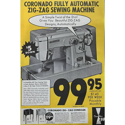 1960 Coronado Sewing Machine Gambles Store Display Advertising Poster 13.5x20