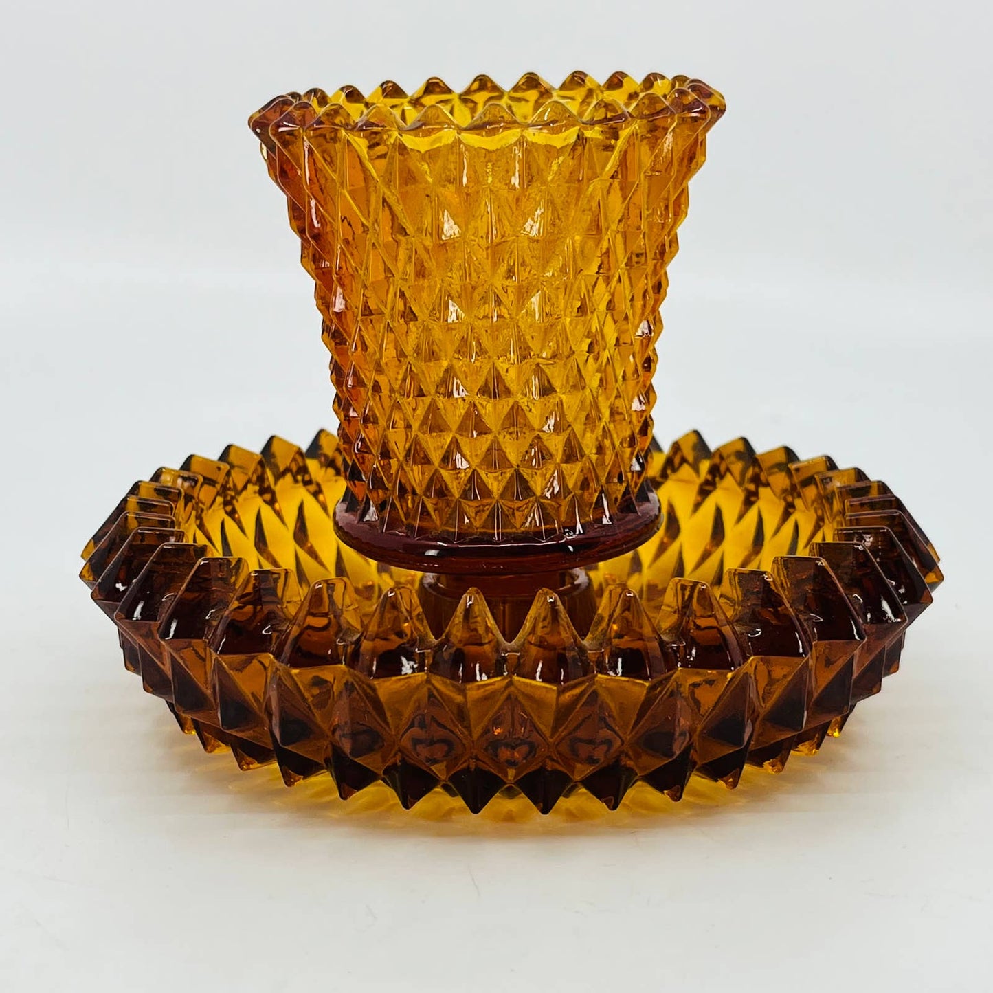 VTG 1970 Indiana Glass Diamond Point Amber Candle Votive Candlestick Holder TC1