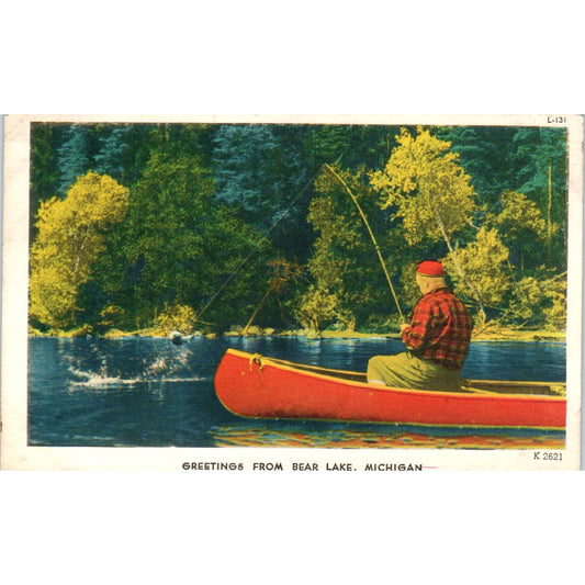 Bear Lake Michigan 1960 Canoe Fishing Original Postcard TK1-23