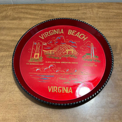 Vtg Red Hand Painted Acrylic State Souvenir Plate Tray Virginia Beach VA 10” TG7