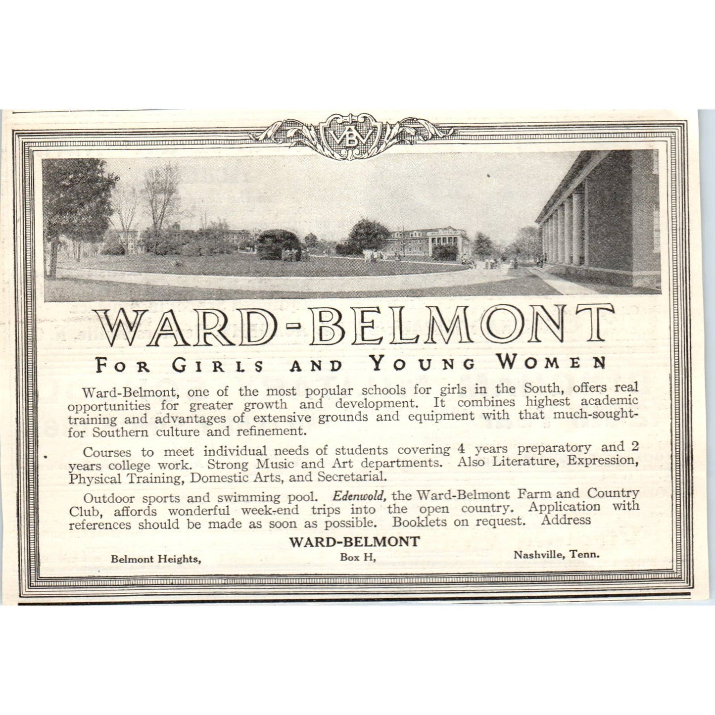 c1920 Harper's Magazine Ad - Ward-Belmont School for Girls Nashville TN EA3