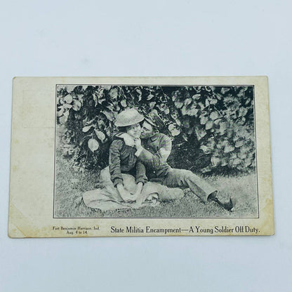 c1918 Postcard WWI State Militia Ft. Benjamin Harrison Soldier Kissing Girl PA9