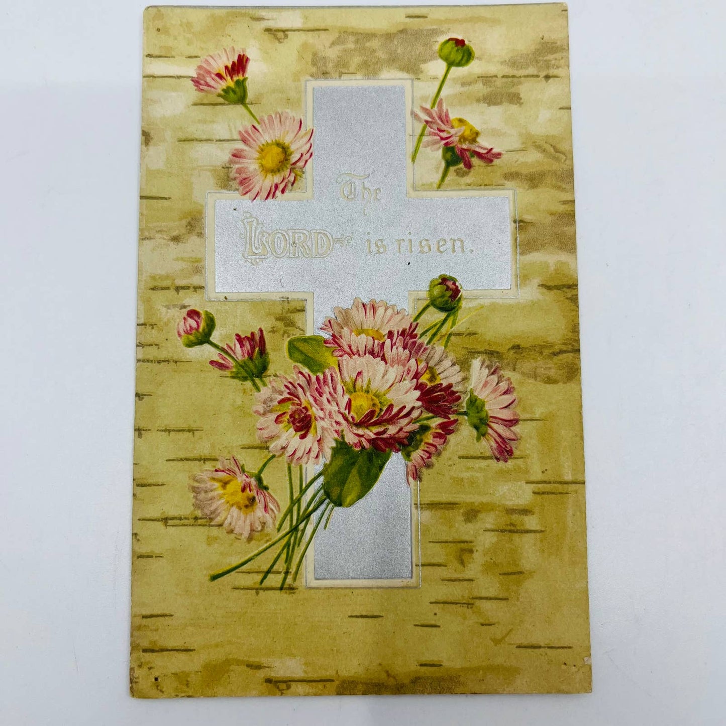 1910s Easter Post Card Embossed Birch Bark Silver Cross Pink Chrysanthemums PA5