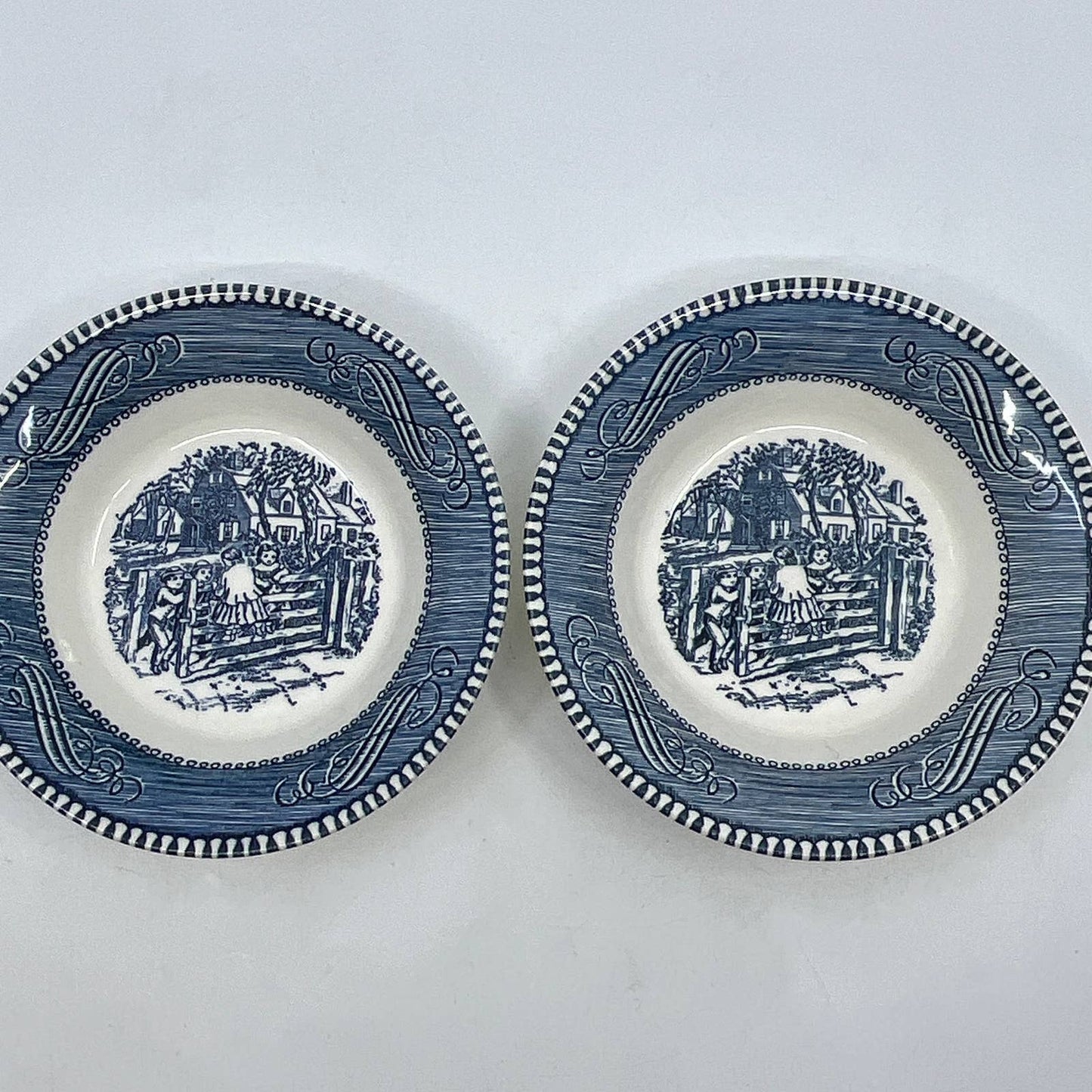 Currier Ives Royal China Blue Dessert Bowl Old Farm Gate 5 5/8" Set of 2 TI3