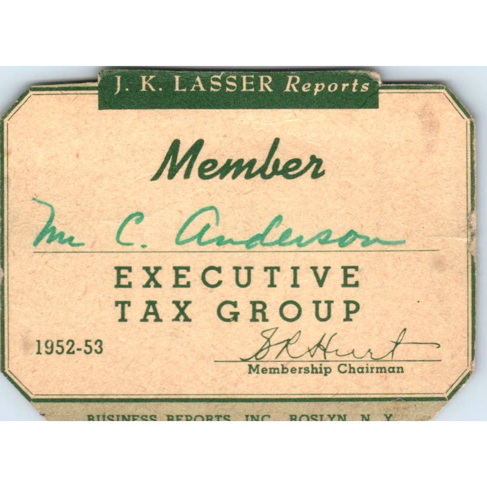 1952 JK Lasser Reports Executive Tax Group Member Card Carl Anderson SE5