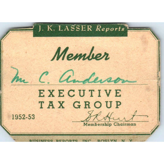 1952 JK Lasser Reports Executive Tax Group Member Card Carl Anderson SE5