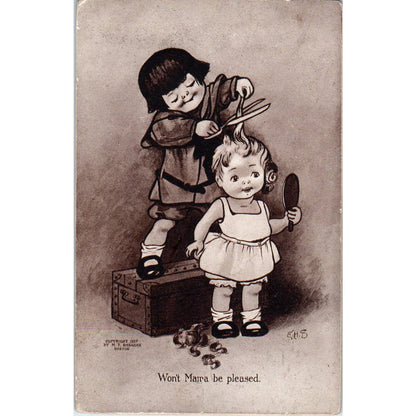 Girl Giving Doll Haircut 1907 Signed E.H.S Illustration Original Postcard TK1-22
