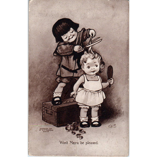 Girl Giving Doll Haircut 1907 Signed E.H.S Illustration Original Postcard TK1-22