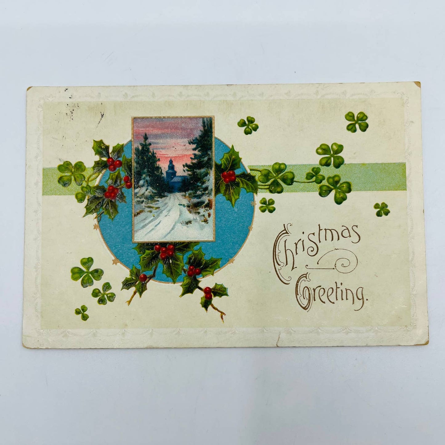 1910s Christmas Post Card Embossed  Church Shamrocks Holly Snow Sunset PA4