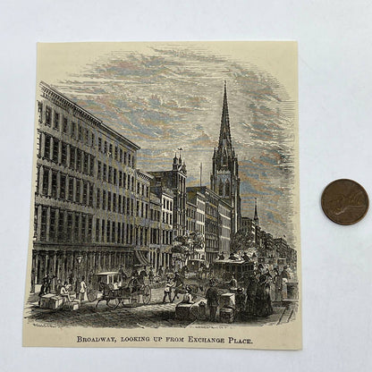 1880s Original Art Engraving Broadway, Looking Up From Exchange Place ~4x5" AC9