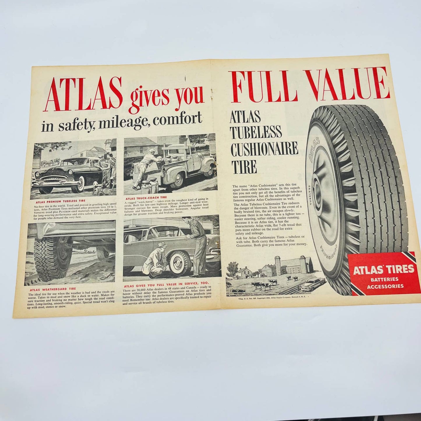 Vintage Advertisement 1955 ATLAS Tubeless Cushionaire Tire 2-Page Ad AA1