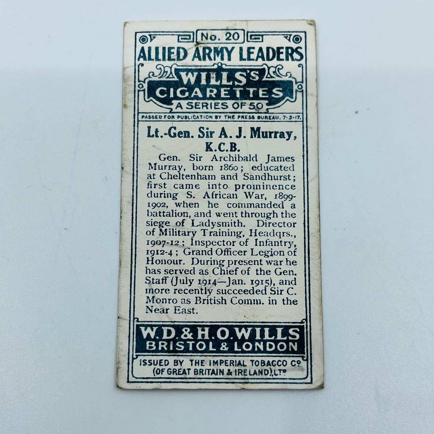 Will’s Cigarette Cards WWI ALLIED ARMY LEADERS #20 Lt. Gen. Sir AJ Murray EA2