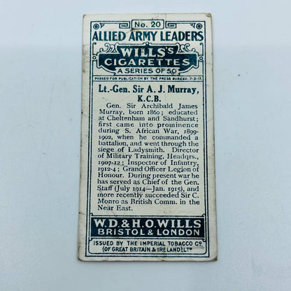 Will’s Cigarette Cards WWI ALLIED ARMY LEADERS #20 Lt. Gen. Sir AJ Murray EA2