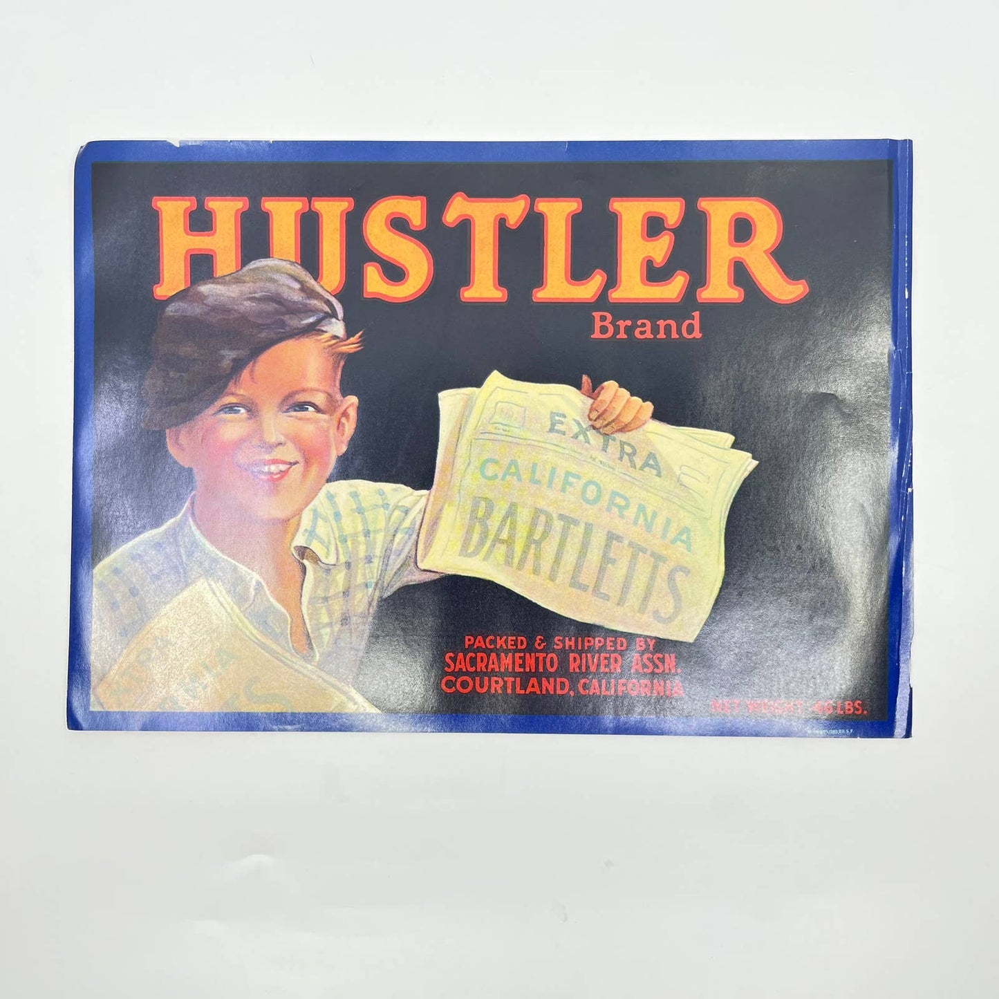 CALIFORNIA BARTLETTS FRUIT CRATE LABEL HUSTLER BRAND Courtland CA FL3