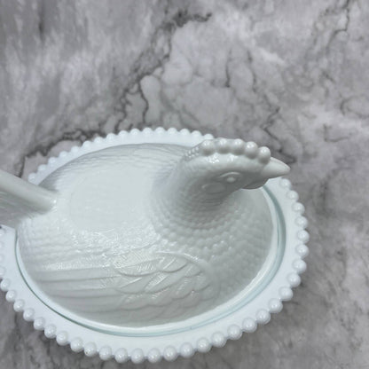 Vintage Indiana White Milk Glass Nesting Hen on Nest Candy Dish 7” TJ3