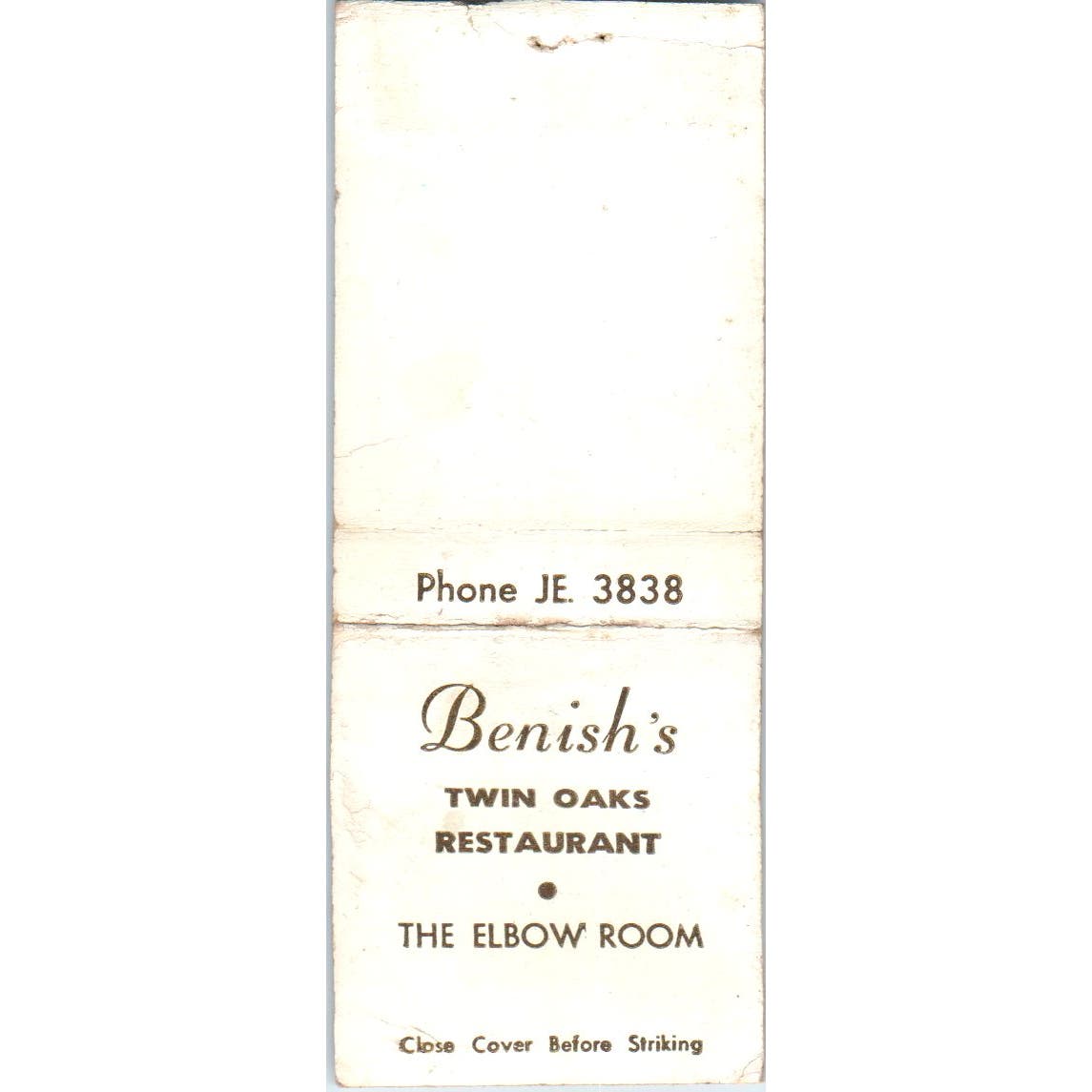 Benish's Twin Oaks Restaurant The Elbow Room Advertising Matchbook Cover SA9-M6