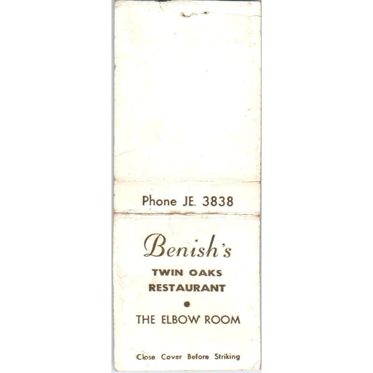 Benish's Twin Oaks Restaurant The Elbow Room Advertising Matchbook Cover SA9-M6