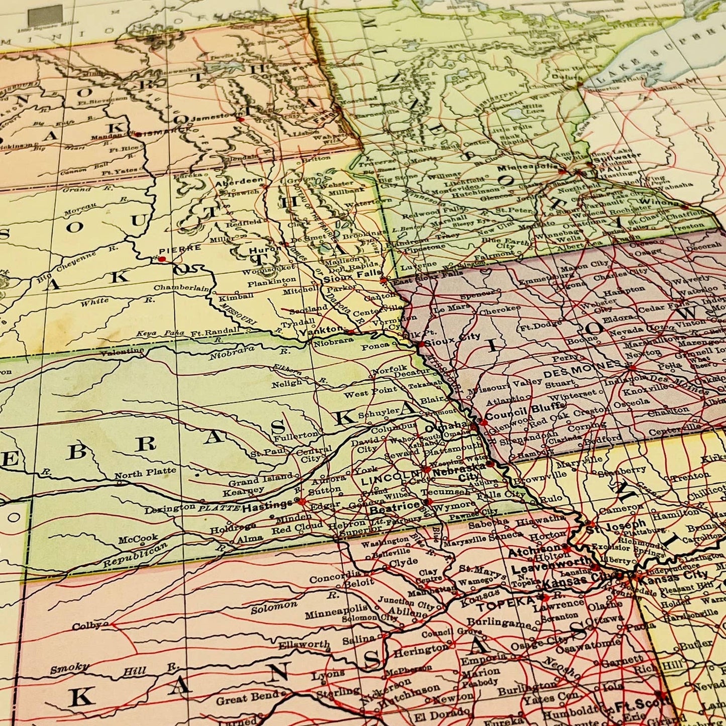 1896 Harper’s Map West Central Plains USA ND SD MN NE IA KS MO Color 9x12” FL1