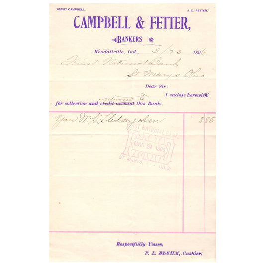 1896 Campbell & Fetter Bankers Letterhead Kendallville Indiana AD8-4