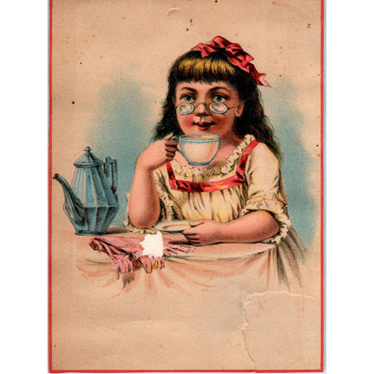 1880s Victorian Trade Card A&P Tea Co. Baking Powder Girl Glasses Teacup SF2