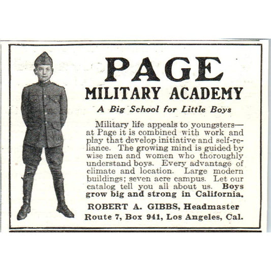 Page Military Academy Robert A. Gibbs Los Angeles CA - 1921 Original Ad TJ7-S8