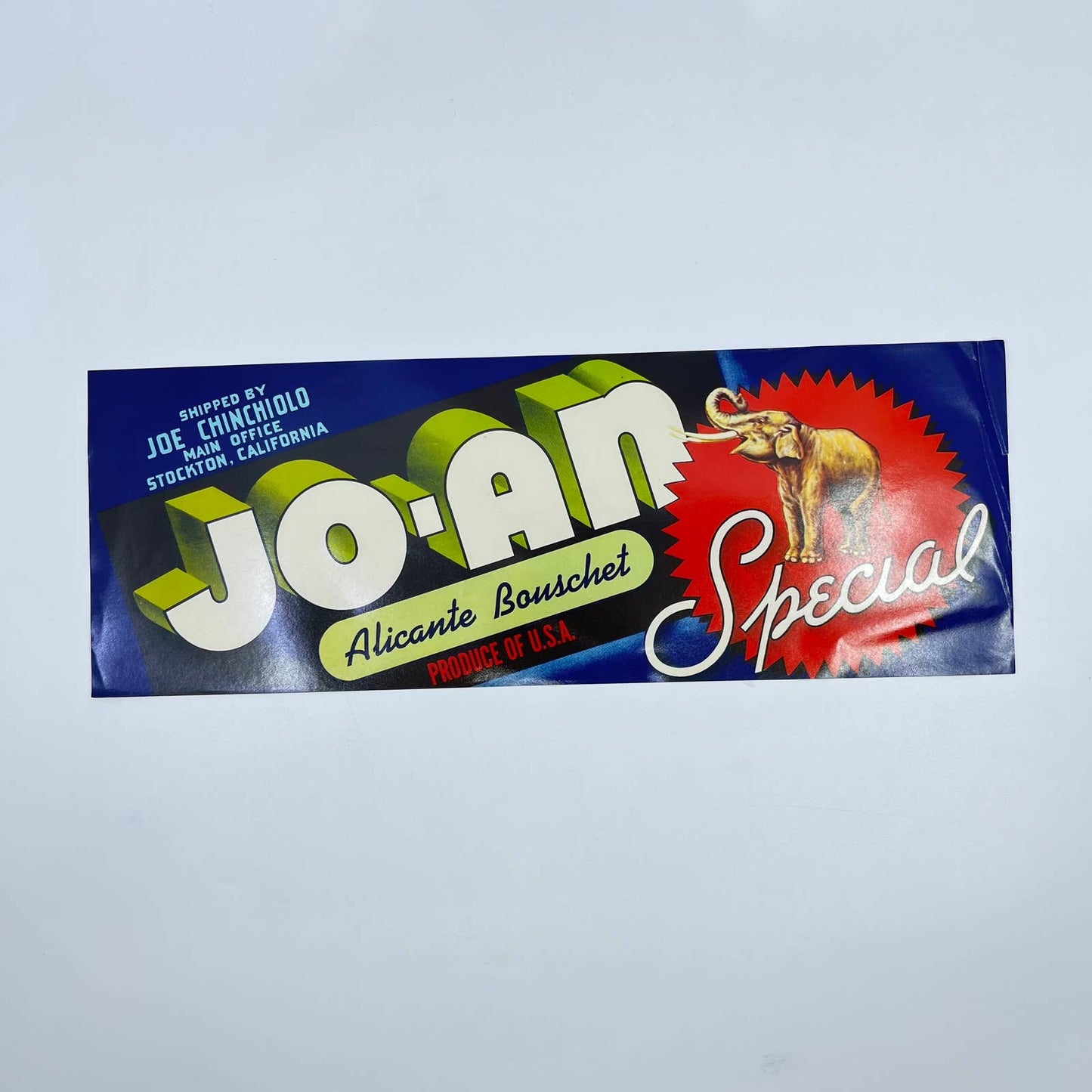 JO-AN Brand Stockton CA Elephant ORIGINAL PRODUCE CRATE LABEL Joe Chinchiolo FL3