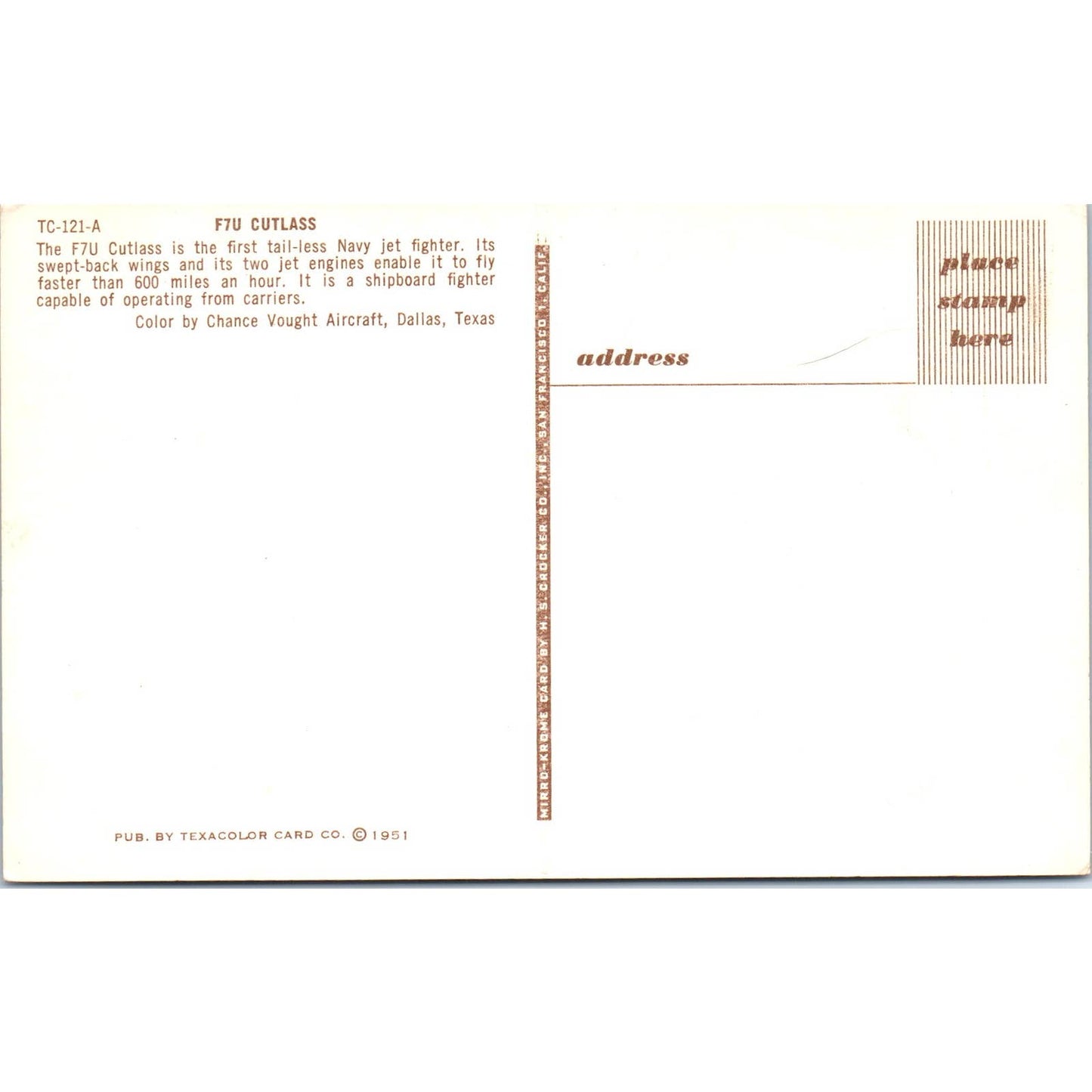 Vintage Postcard Navy Jet Fighter F7U Cutlass Tail-Less Warplane EA3