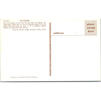 Vintage Postcard Navy Jet Fighter F7U Cutlass Tail-Less Warplane EA3