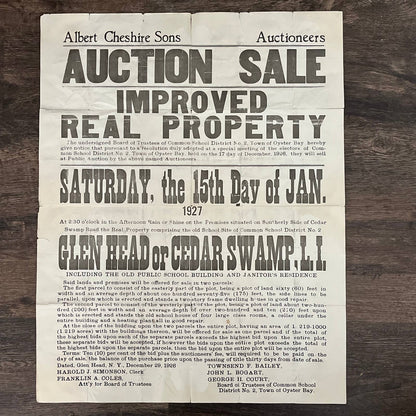 1927 Albert Cheshire Sons Auction Poster Oyster Bay Glen Head Cedar Swamp TC1