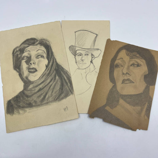 c1920 Set of 3 Original Art Sketches by Helen Bierling - Largest is 6 x 9.5" AC2