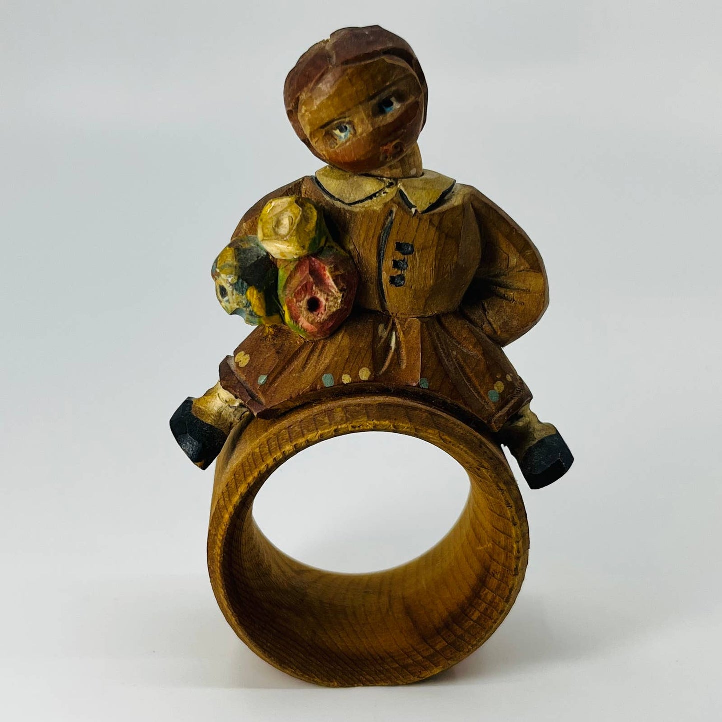 Vintage ANRI Carved Wooden Bobblehead Napkin Ring Girl w/ Bouquet SB4