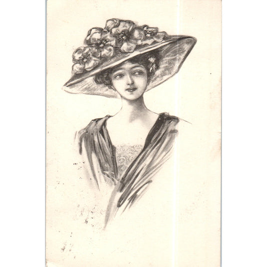 Beautiful Lady Wearing Large Flower Hat Sketch 1910 Original Postcard P2-5